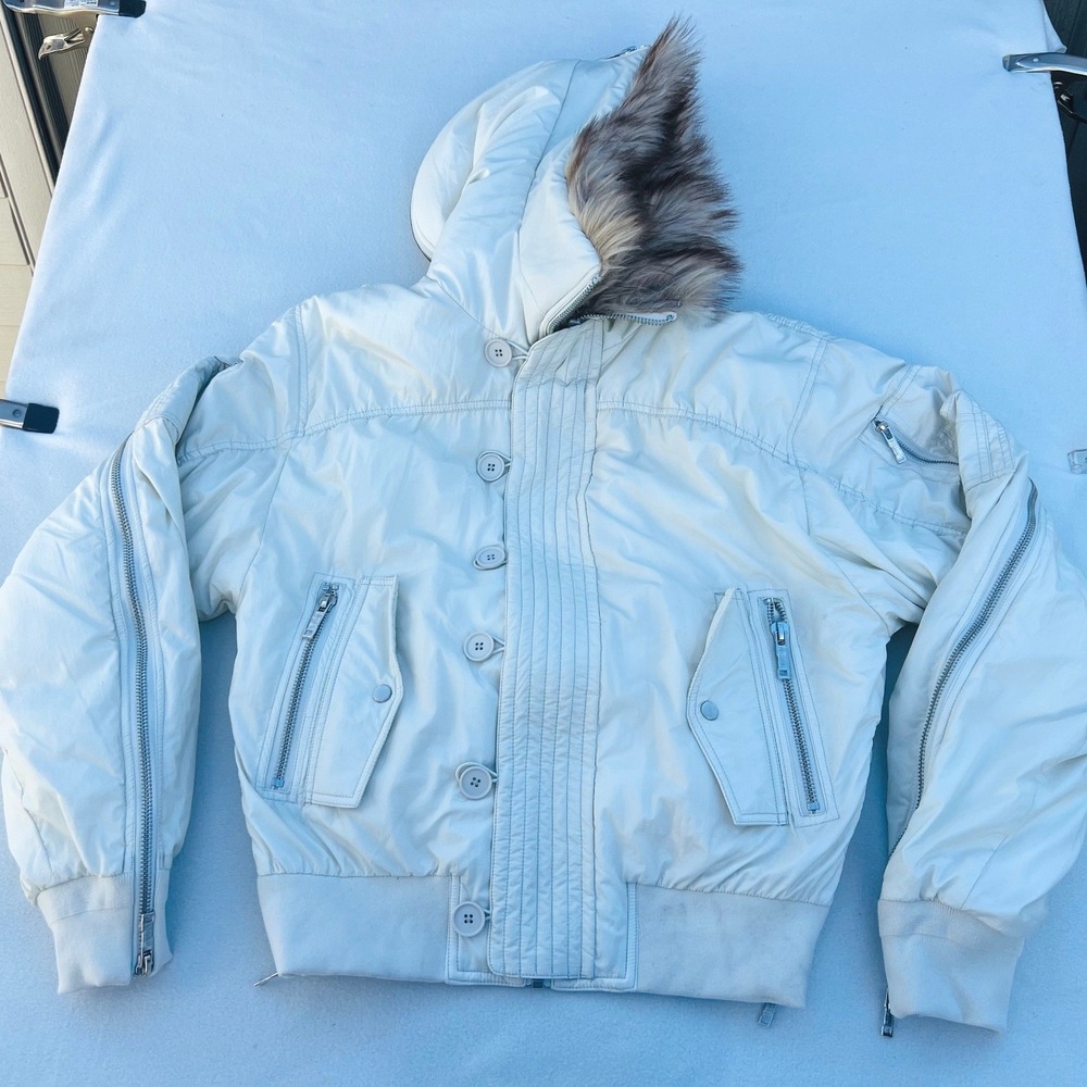 Racer Worldwide Beige‎ Nylon Aviator Bomber Jacket Split Hood Faux Fur NWT L